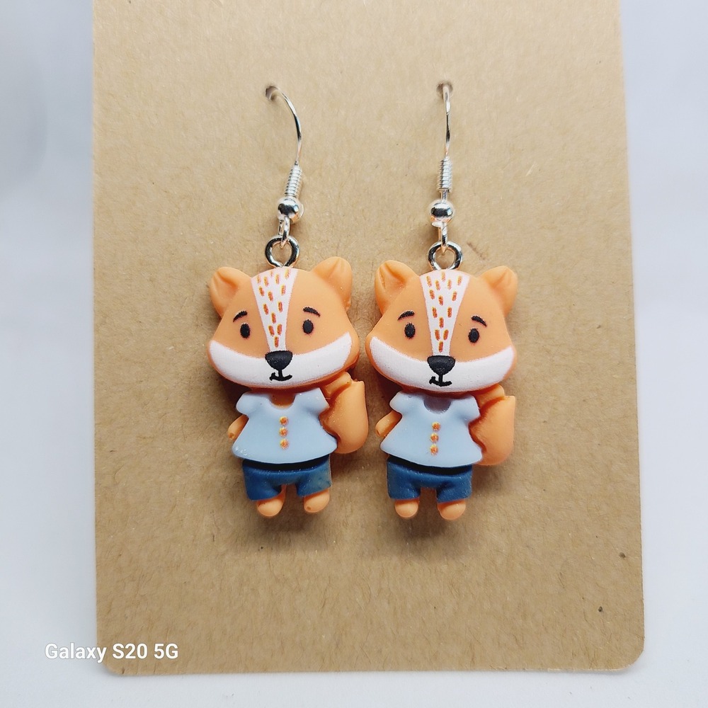 Cute Fox Dangle Earrings Whimsical Animal Jewelry Orange Blue Shirt Jeans Gift